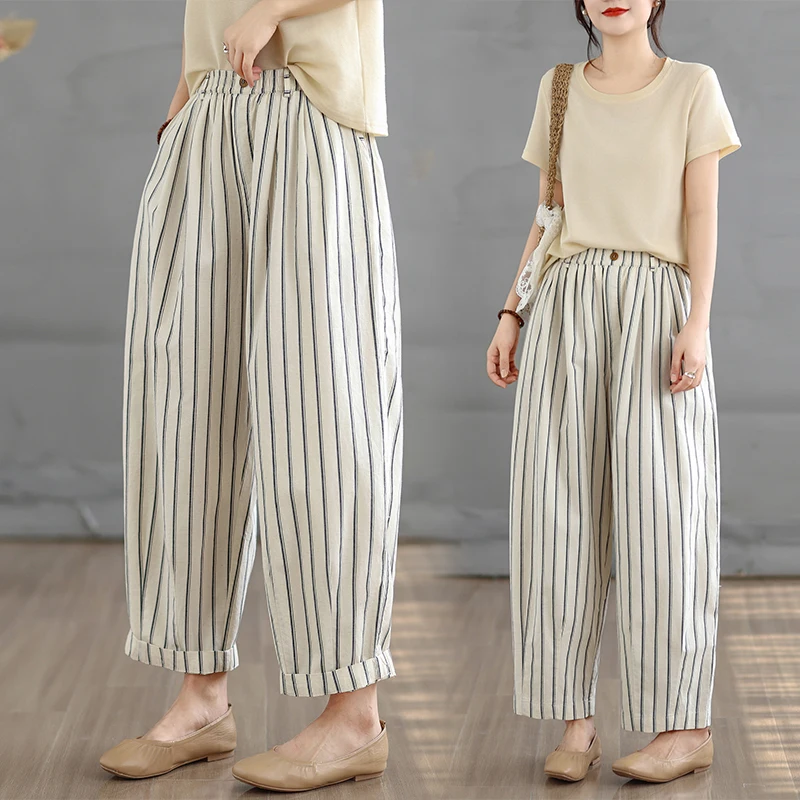 

Брюки прямого кроя из хлопка и льна с эффектом похудения, в вертикальную полоску, свободные, повседневные, длинные, модные, простые, новинка весны