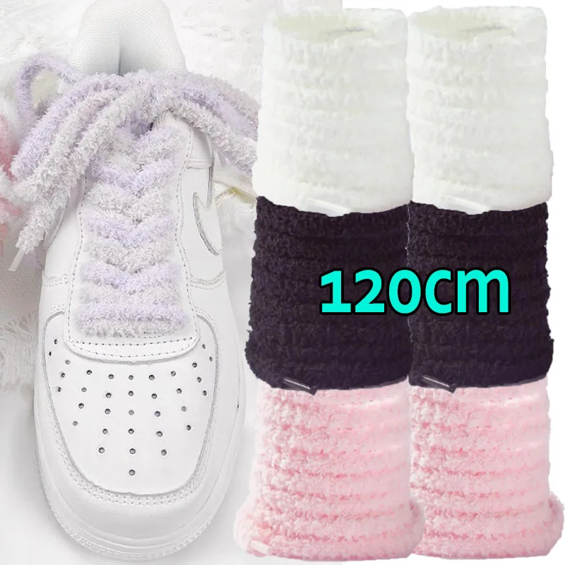 1pair Wide Flat Plush Towel Shoelaces Big Fat Fluffy Fuzzy Design Excellent Texture Softness Perfect for Boots Fashion Sneakers