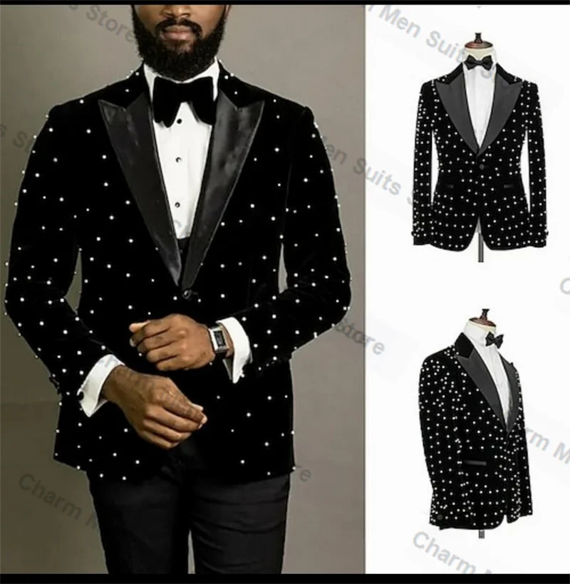 

Pearls Black Men Suits Pants Set 2 Pieces Velvet Blazer+Cotton Trouser Customized Wedding Tuxedo Formal Office Wedding Jacket