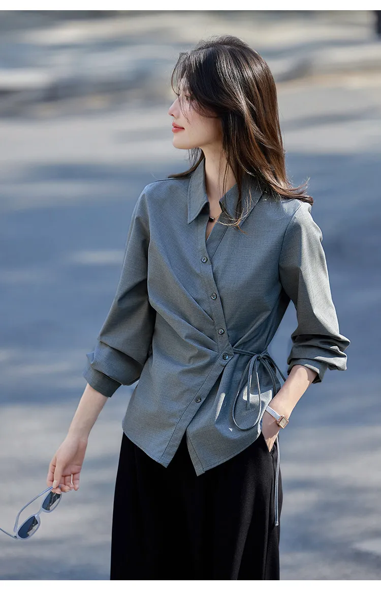 Gray Green Ruched Drawstring Waist Shirt Women, 2026 Fall Elegant Long Sleeve Blouse, Casual Unique Design Tops