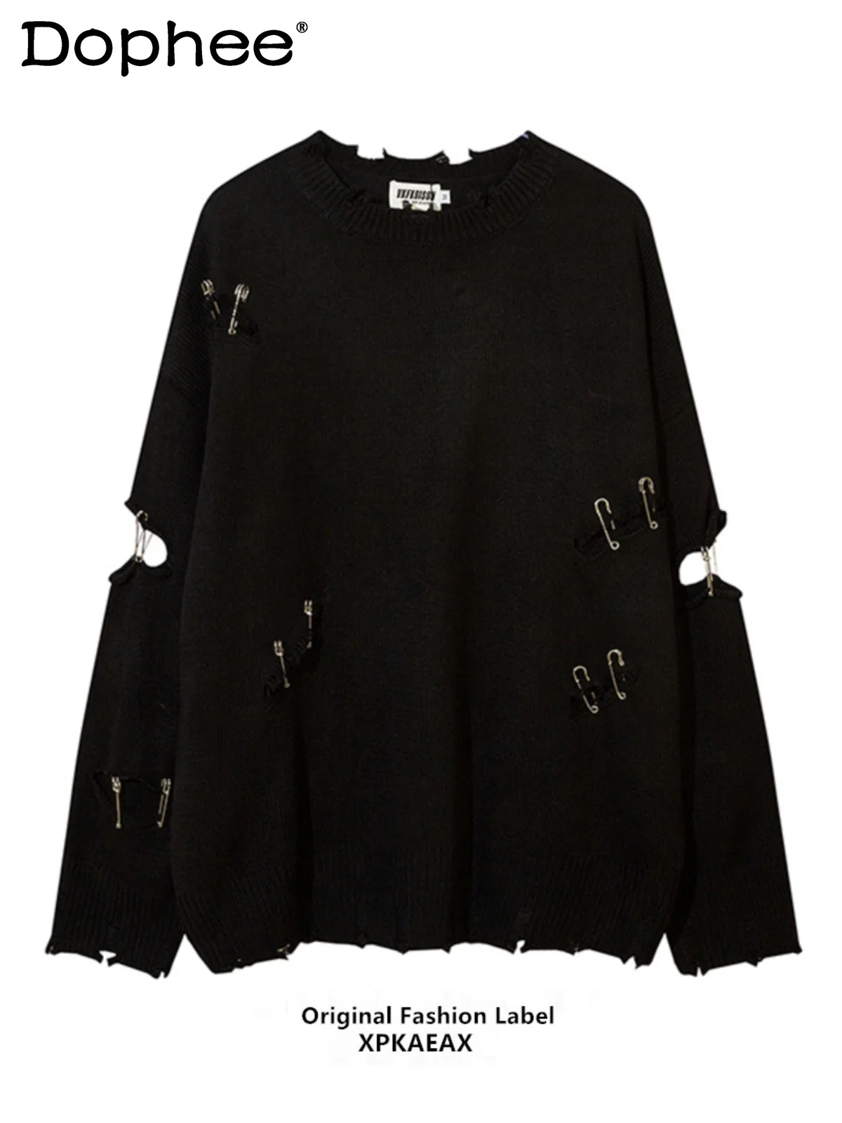 

American High Street Original Design Sense Knitted Sweater Round Neck Metal Buckle Loose Casual Long Sleeve Pullover Unisex