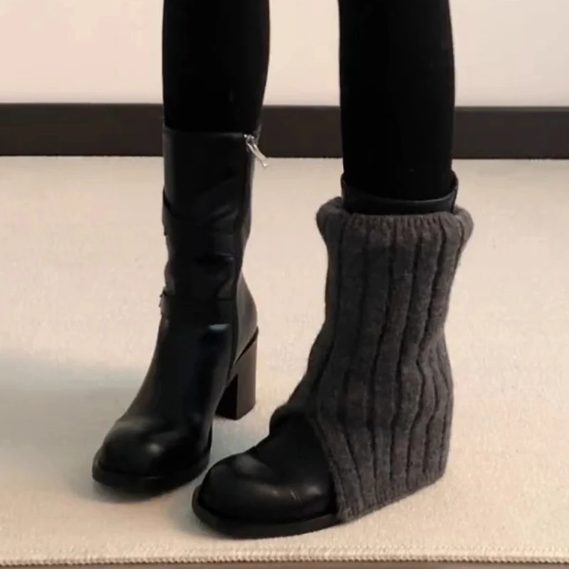 Designer High Heels Women's Boots Elegant Leather Shoes Woman 2025 Winter Warm Fur Snow Boots Chunky Shoes Buckle Ankle Botas