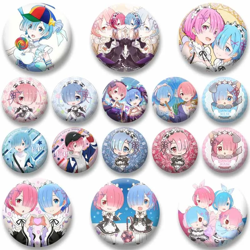 Cute Anime Rezero Ram X Rem Brooch Kawaii Cartoon Character Badge Snap Button Pins for Backpack Clothes Decoration Jewelry Gifts