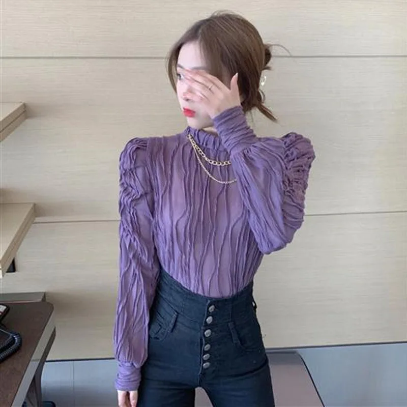 Spring New Women\'s Fashion Versatile Western Purple Fold Lace Standing Neck Bubble Sleeve Top Autumn Elegant and Comfortable Top