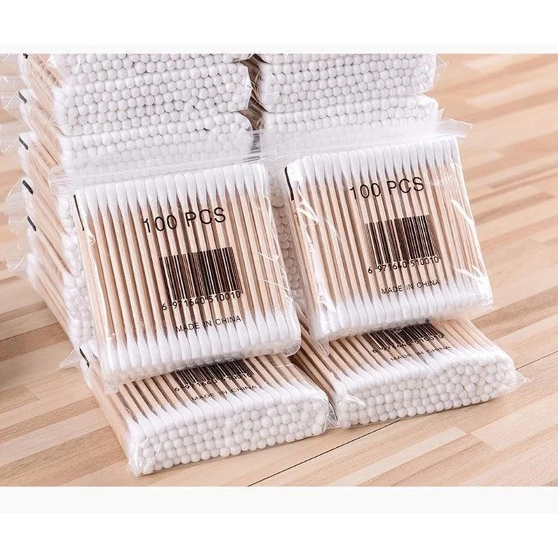 100pcs Bags Cotton Swabs Disposable Double-Headed Sanitary Cleaning Cotton Sticks Household Makeup Remover Ear Cotton Swabs