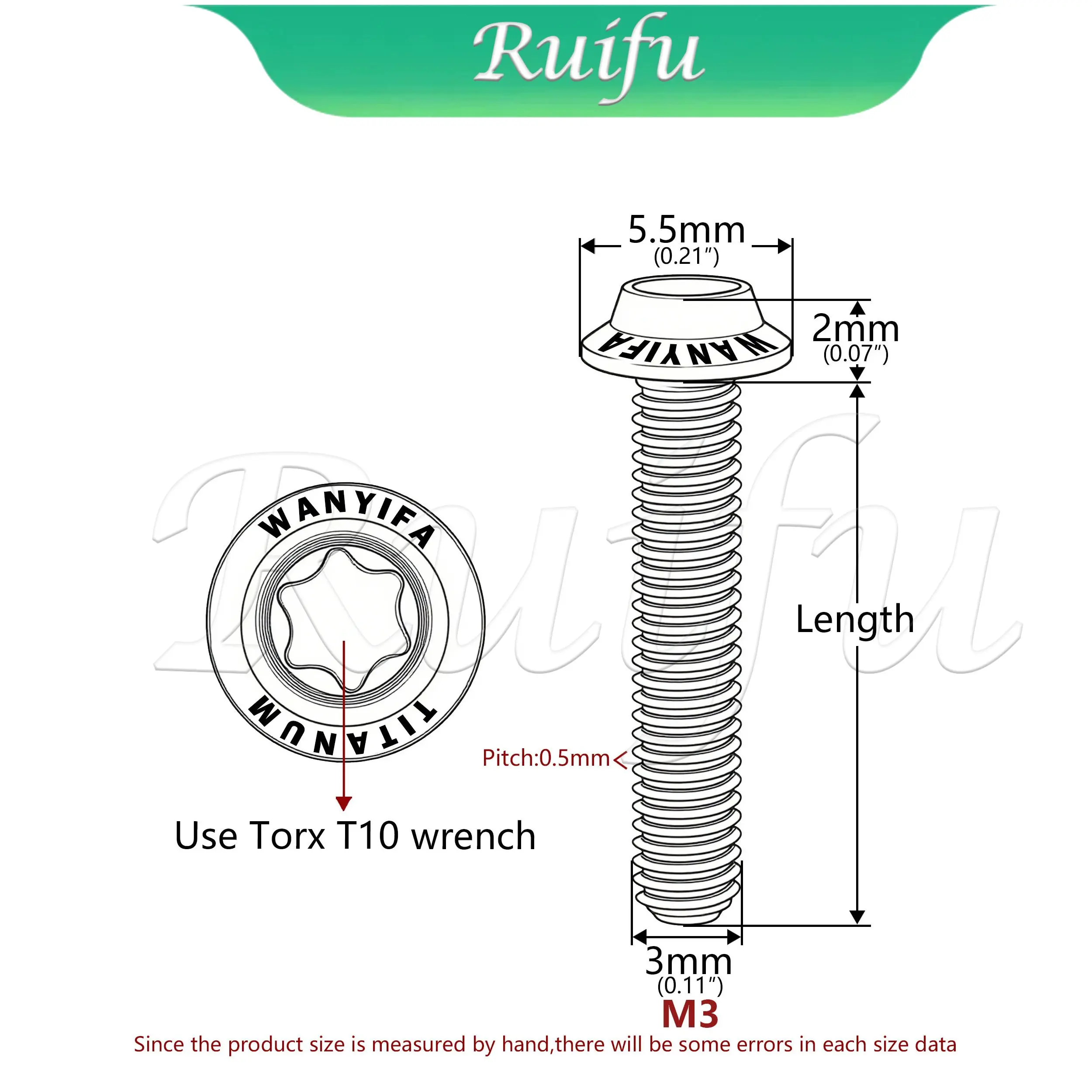 

Ruifu Titanium Bolt 2pcs M3x6/8/10/12/15/18/20mm Disc-Shaped Umbrella Torx T10 Screw with Logo Personalized Screws