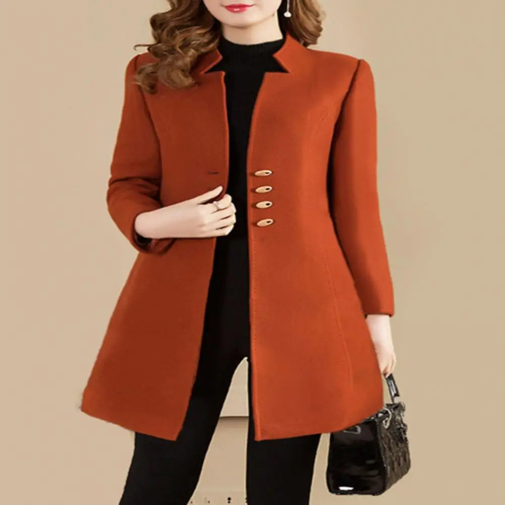 

Women Autumn Winter Mid-length Woolen Coat Notched Collar Long Sleeve Single-breasted Slim Fit Female Outerwear Solid Color Coat