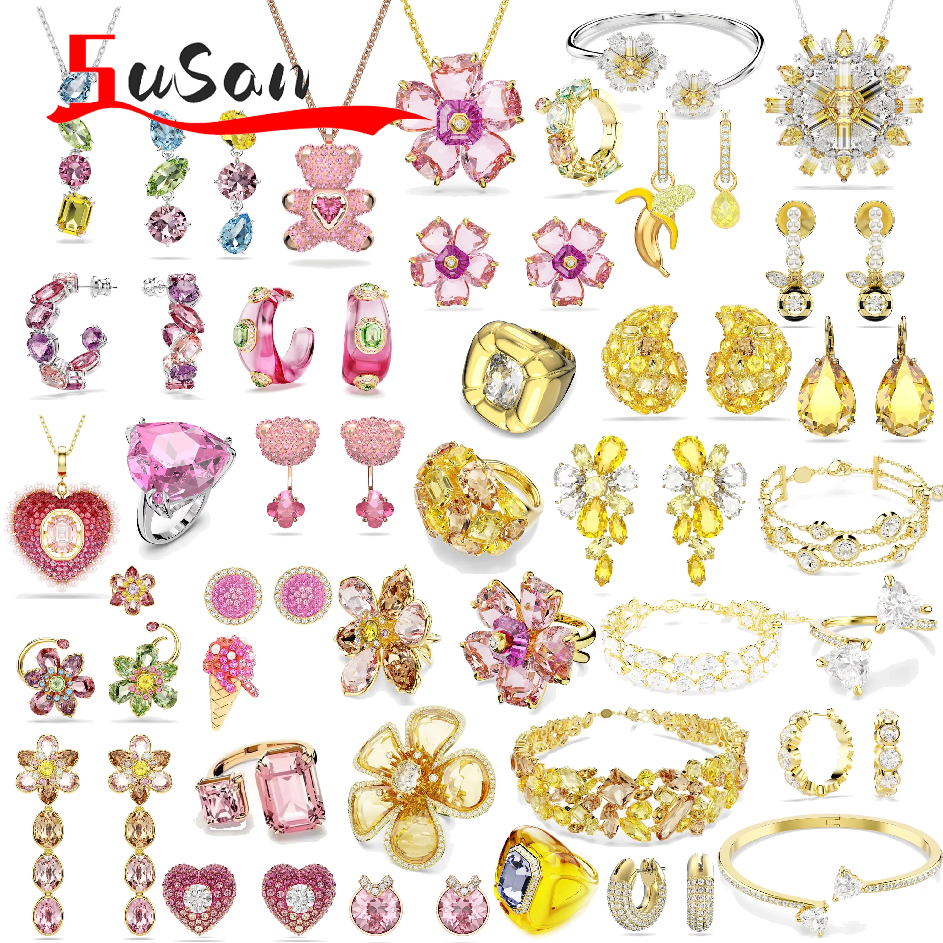 

Original High Quality Jewelry Pink Yellow Sets Necklace Earrings Ring Bracelet Fashion Boutique Christmas Wedding Gift for Women