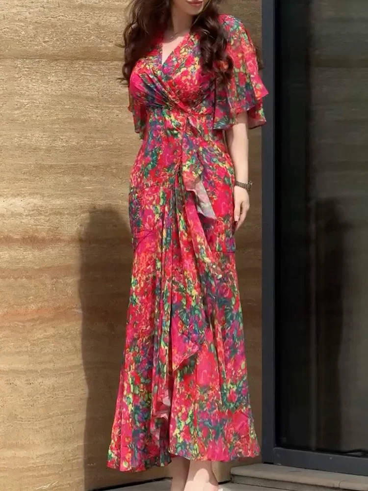 Damska seksowna sukienka wakacyjna z dekoltem w serek i falbankami, nowa codzienna sukienka imprezowa z krótkim rękawem, modna sukienka z wysokim stanem i długim nadrukiem.