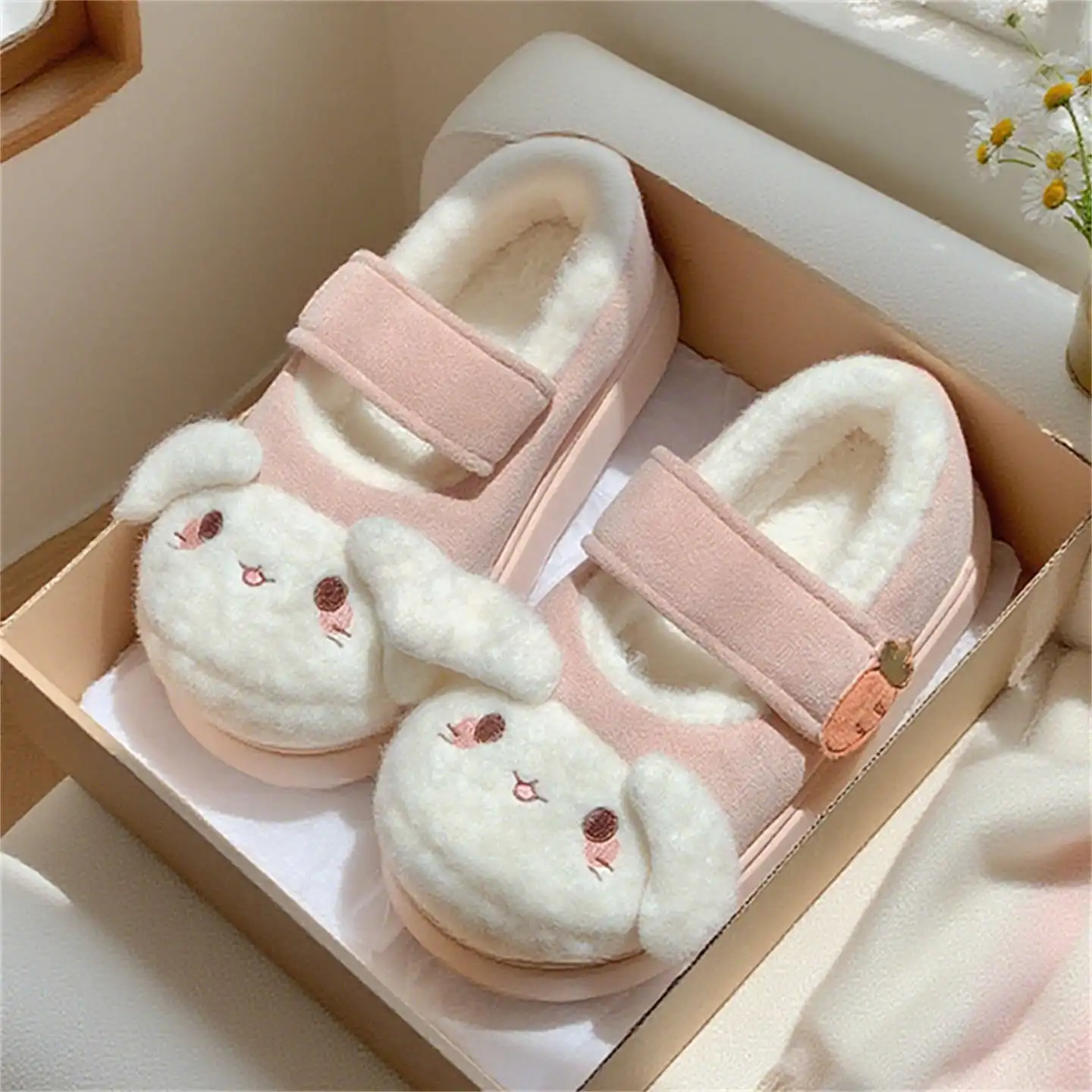 

Adorable rabbit closed back shoes women winter fuzzy slippers with strap woman lovely bunny loafers mary jane shoes warm slipper