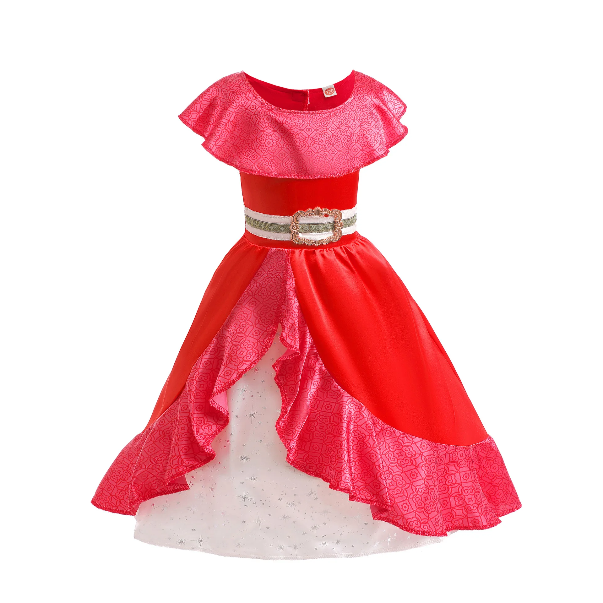 Girl Elena Of Avalor Princess Elena Cosplay Costume Birthday Theme Party Outfit Red Ruffles Print Frock Carnival Fantasy Clothes