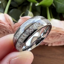 8mm Tungsten Carbide Rings for Men Women Deer Alter Meteorite Inlay Wedding Band Engagement Ring Domed Brush Finish Comfort Fit
