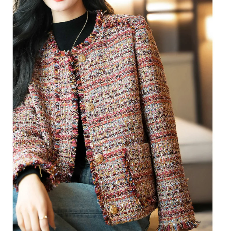 Jaqueta curta de tweed xadrez pequena para mulheres, gola em O, manga comprida, casual, solta, rosa, chique francês, senhora do escritório, francês