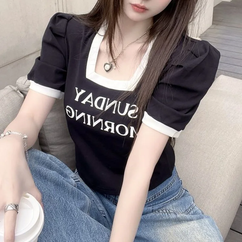 

2024 New Summer Short Sleeve Women Clothing Printing Interior Lapping Ladies Slim Square Collar Pullovers Casual Tops T-Shirts