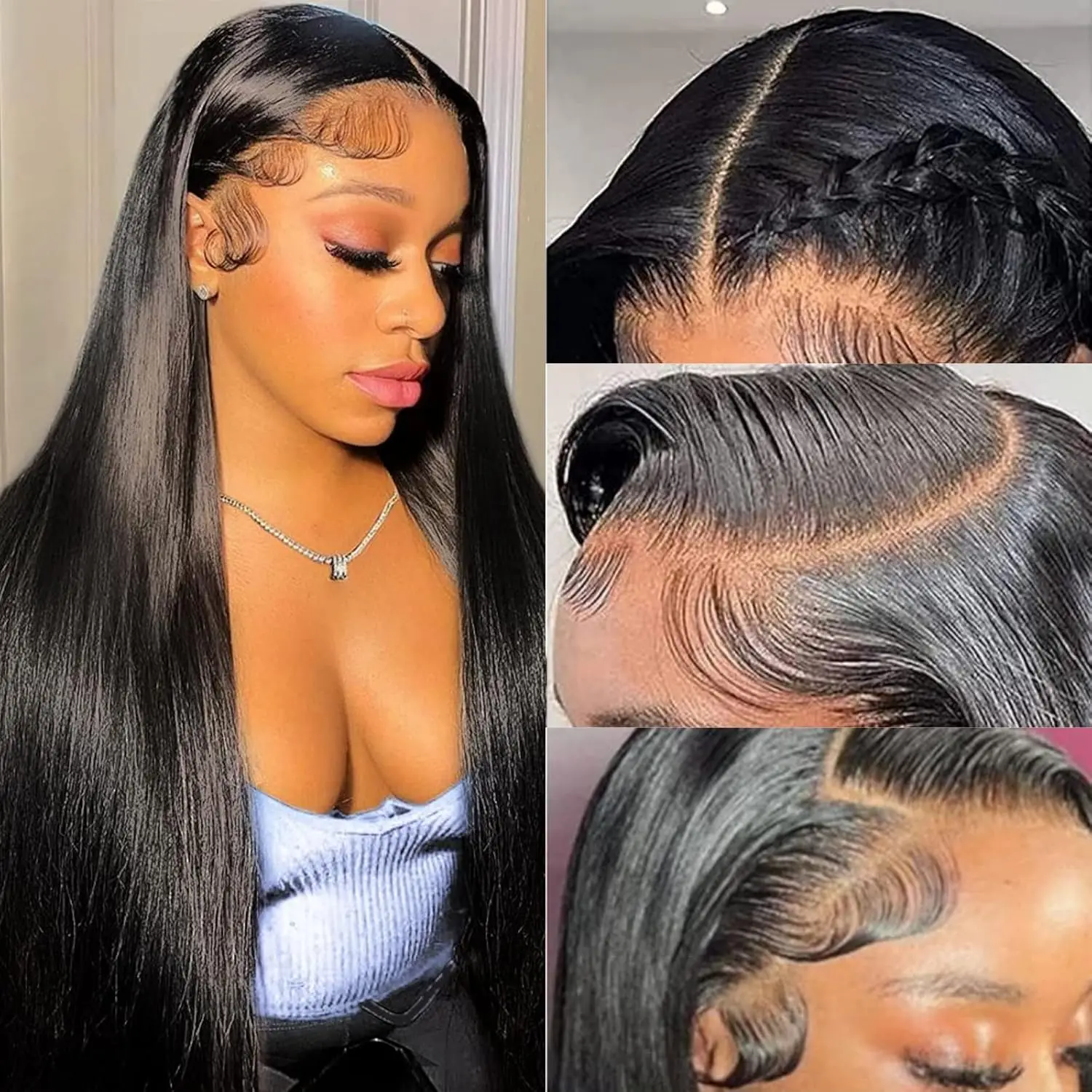 

13x6 Lace Front Wigs Human Hair for Women, 180 Density HD Transparent, 28 Inch Straight Pre Plucked Glueless Natural Black