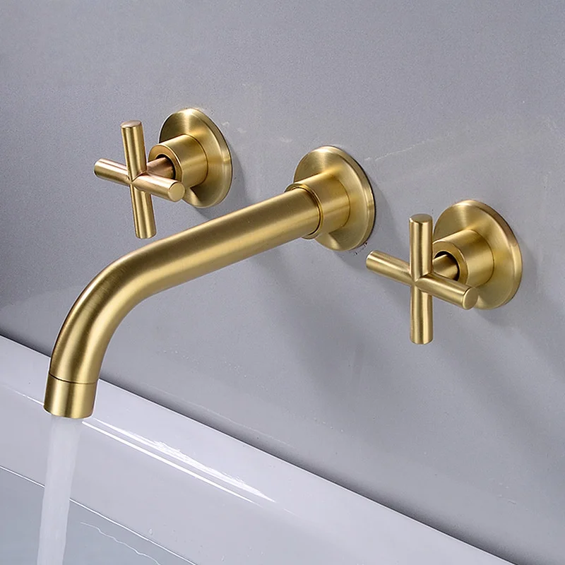 

All-copper Wall Mounted Brushed Gold Bathroom Faucet Antique wash Faucet basin faucet hot & cold water Black 3 Holes Sink Faucet