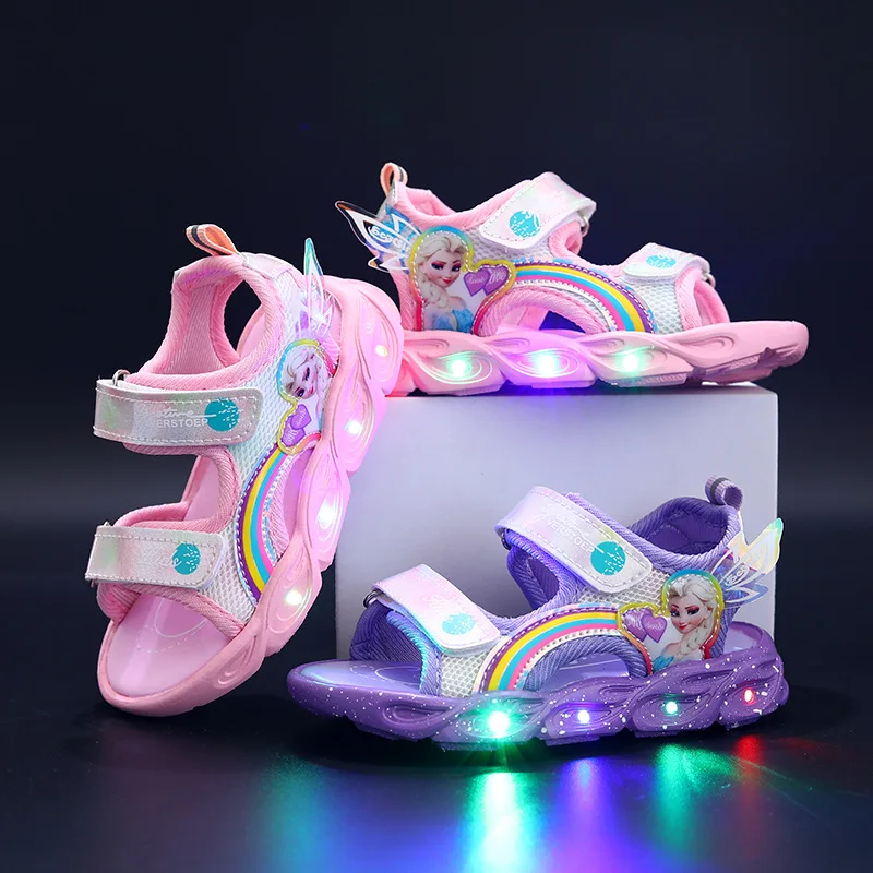 

Disney summer new children's sandals Elsa cartoon sandals led light baby girls cartoon frozen beach shoes