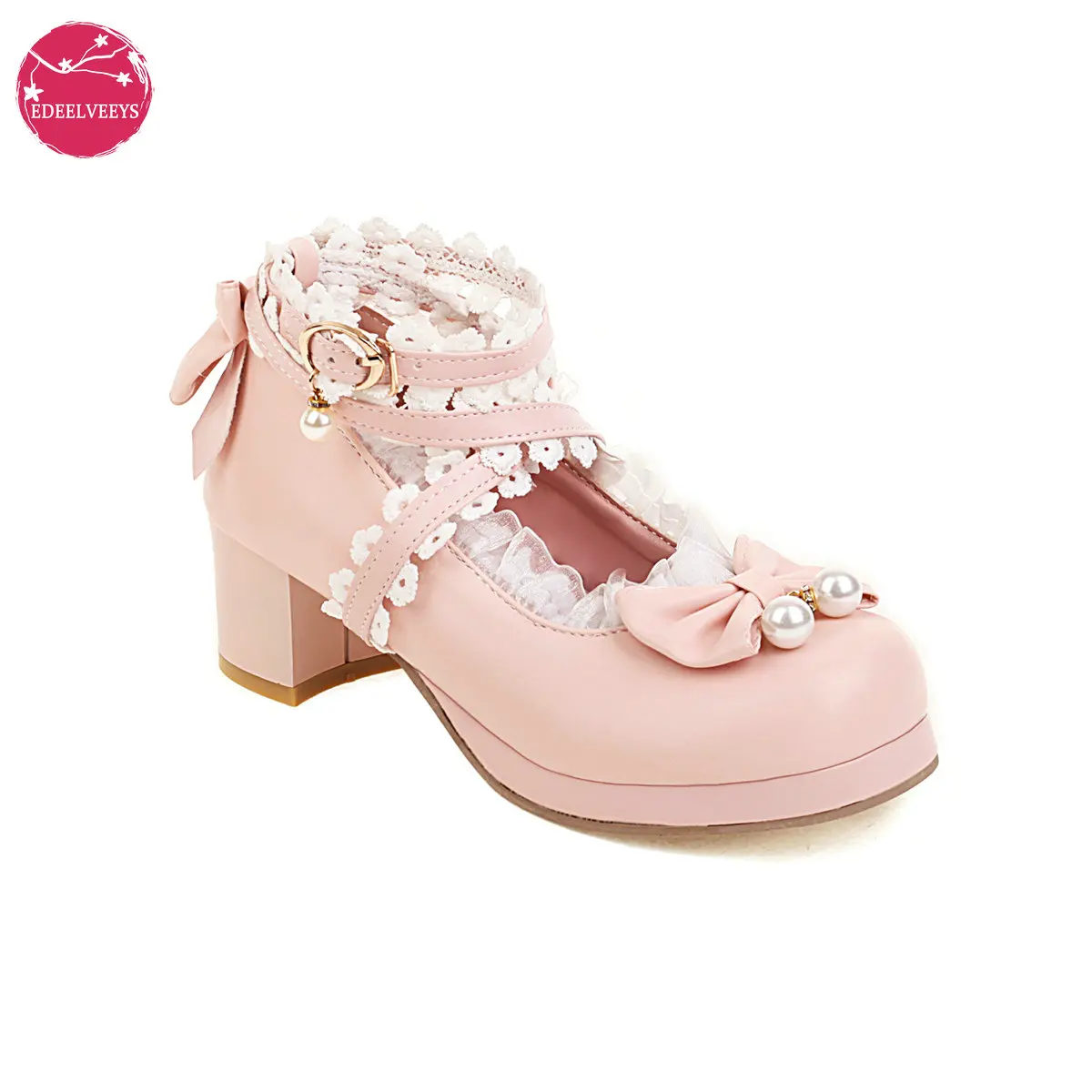 

Women Mary Jane Platform Pumps Kawaii Cross Ankle Strap Block Heels Pearl Boknot Sweet Lolita Cosplay Princess Uniform Shoes