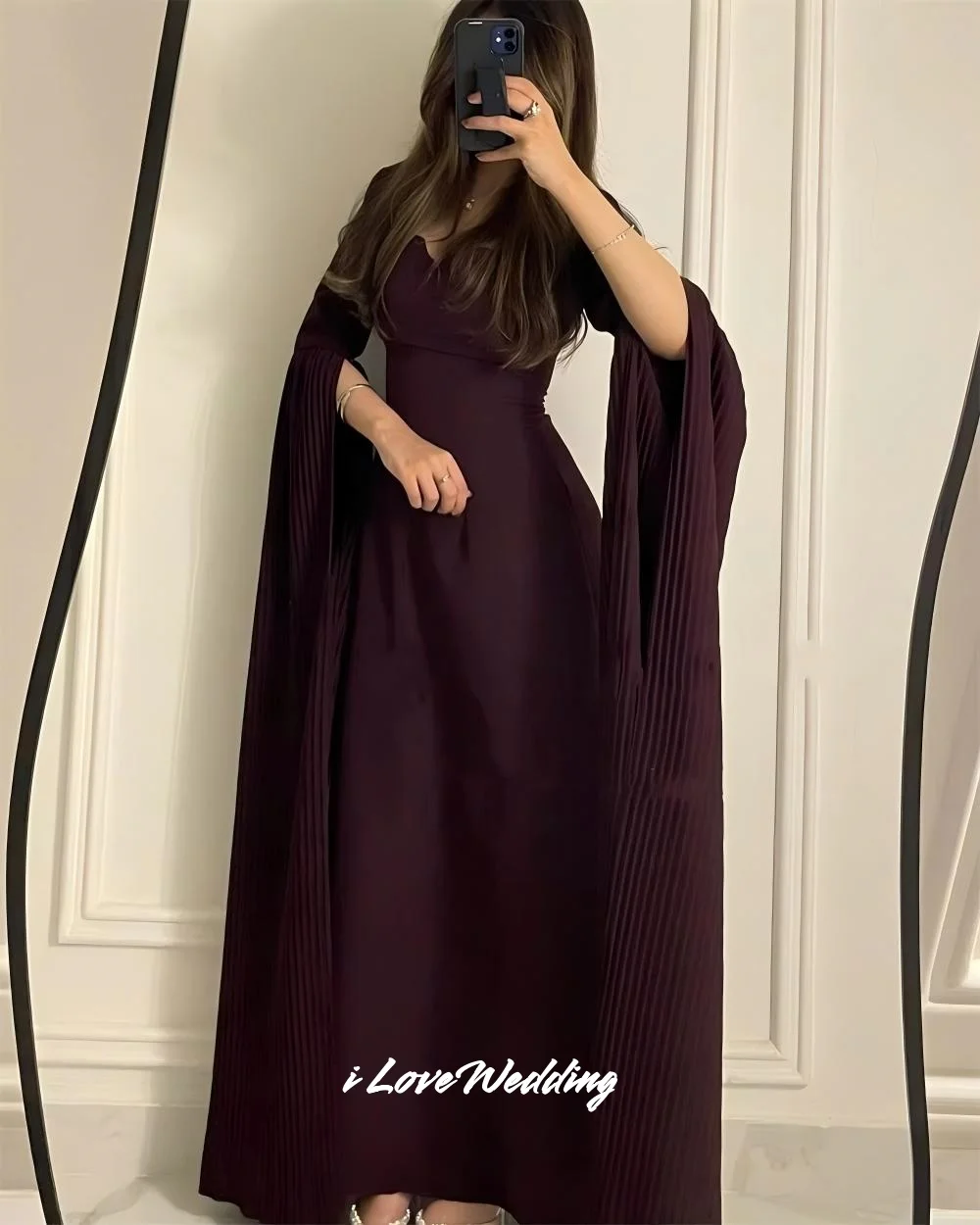 

Purple Square Neck A-Line Long Sleeve Evening Dress Bespoke Occasion Dresses Wedding Party Dress Floor-Length Pleated Customized