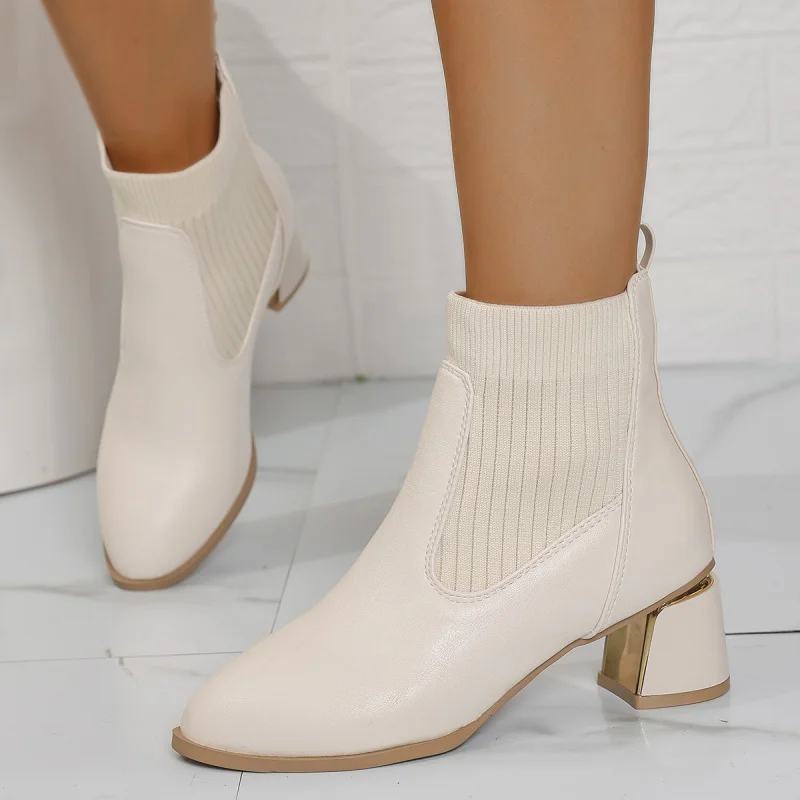 

Женские короткие сапоги на массивном каблуке во французском стиле, вязаные эластичные ботинки, узкие ботинки, модные ботинки на среднем каблуке с квадратным носком