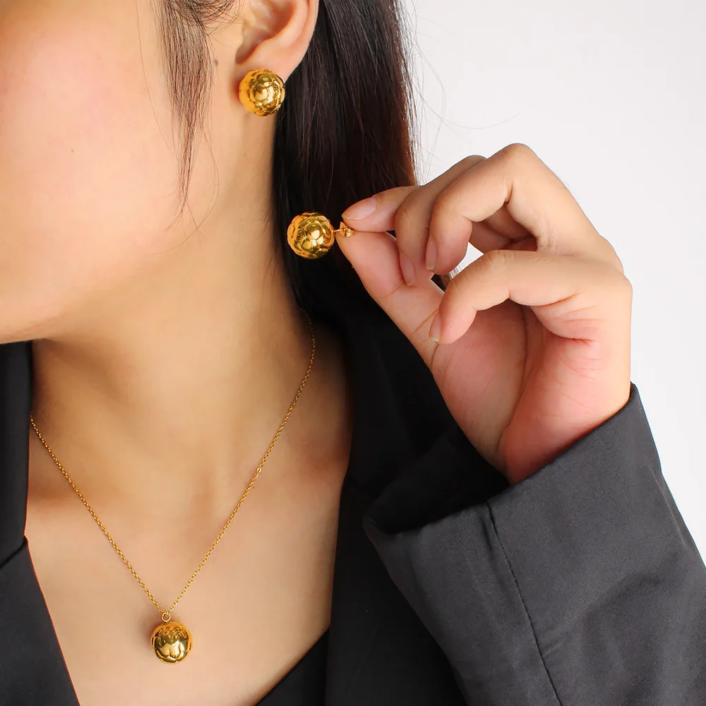 DIY accessories Autumn and winter new textured ball earrings pendant necklace set stainless steel personalized fashion collarbon