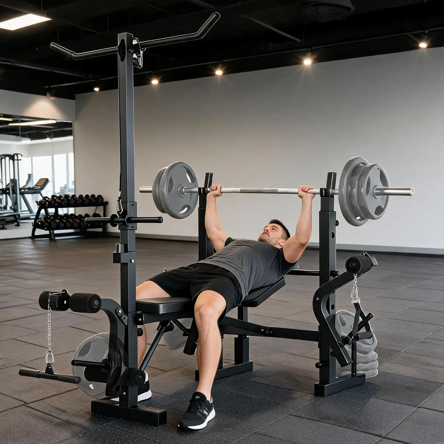 8-in-1 Collapsible Adjustable Weight Bench Set with Squat Rack, Bench Press, Lat Pulldown, Leg Extension/Wave & Preacher Wave Pad - Steel Home Gym Strength Training