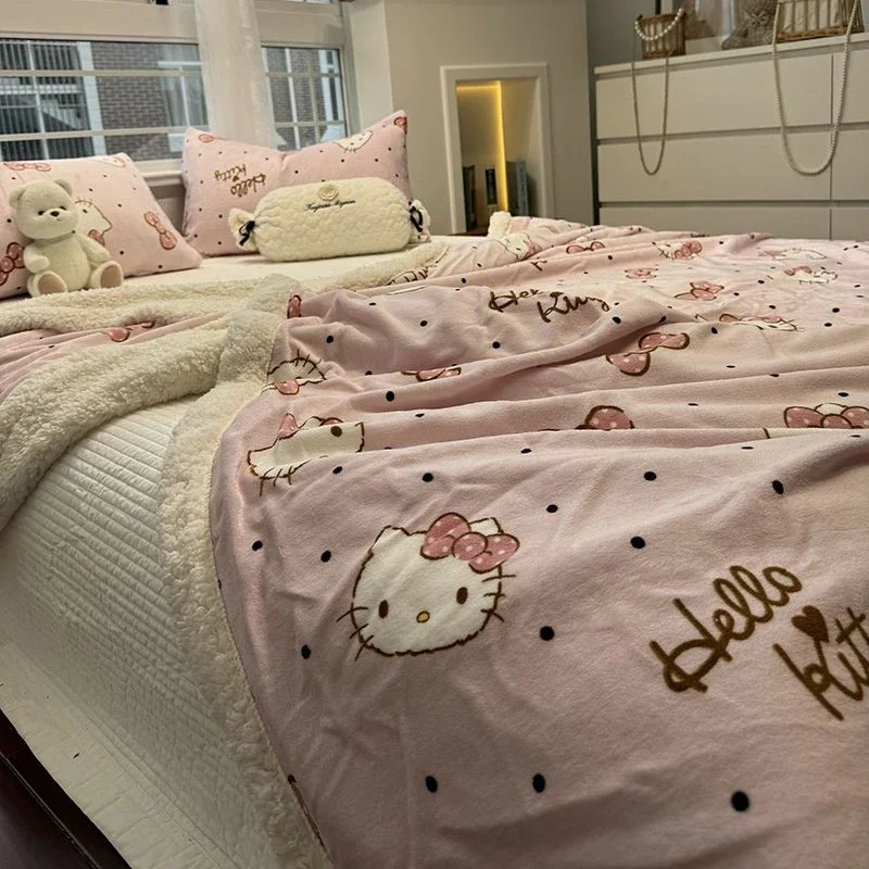 Sanrio Hello Kittys Pink Bow Lamb Velvet Blanket Winter Thickened Warm Milk Coral Velvet Blanket Quilt Cover Sofa Office Blanket