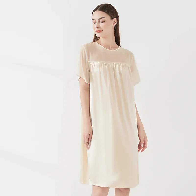 

100% Mulberry Silk Pajamas Chemise Patchwork Round Neck Short Sleeve Nightgown Elegant Women's Home Wear Loose Midi Night Dress