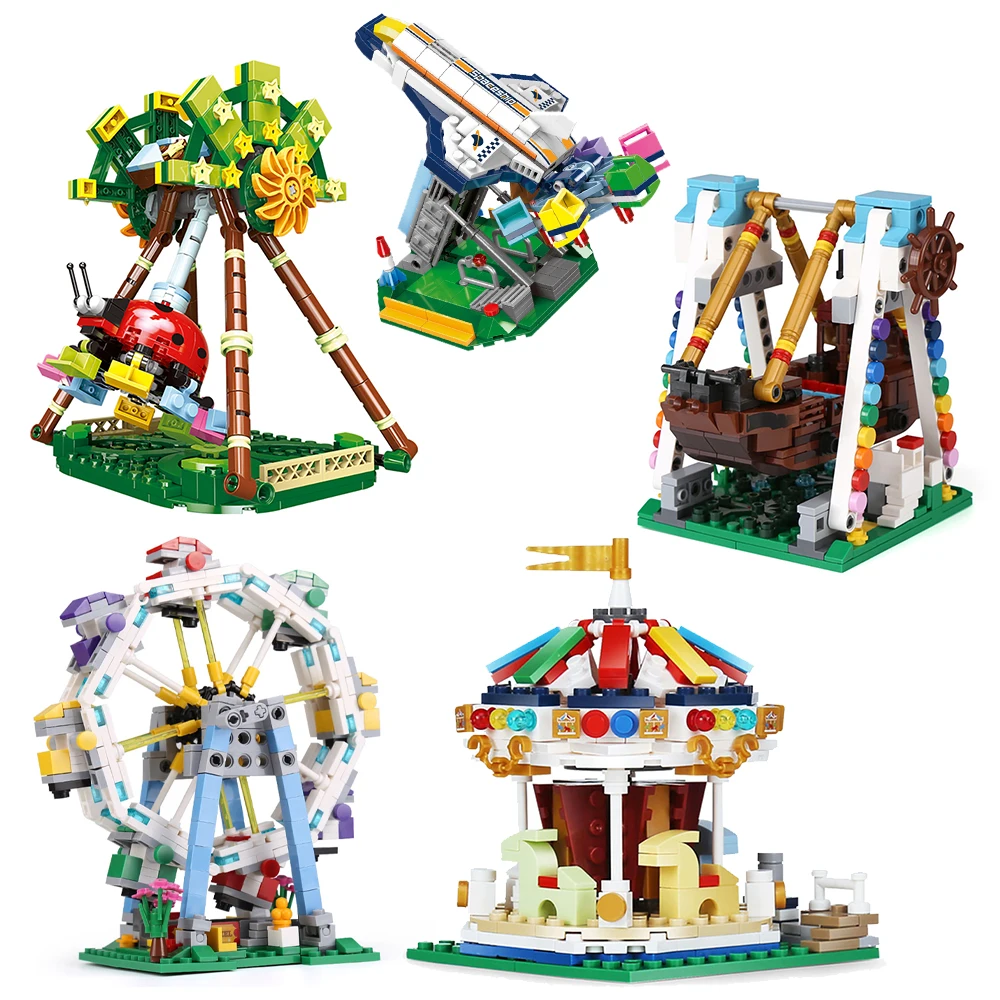 

Building Block Fairground Blocks The Ferris Wheel Set Big Pendulum Pirate Ship Carousel Amusement Park With Assembly Manual