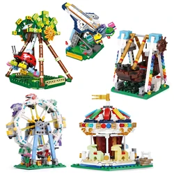 Building Block Fairground Blocks The Ferris Wheel Set Big Pendulum Pirate Ship Carousel Amusement Park With  Assembly Manual