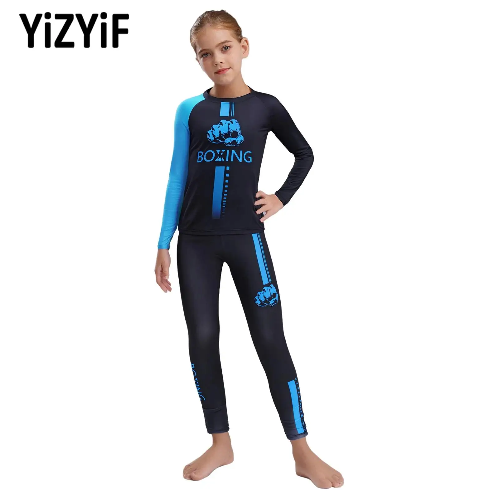 

New Kids Boys Breathable Boxing Outfit Letter Printed Long Sleeve T-shirt with Leggings for Kickboxing Fight Sports Gym Workout