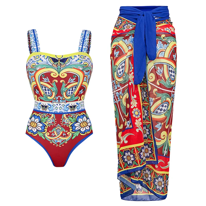 2024 Sling Printed One Piece Swimsuit and Skirt Women Swimwear Push Up Bathing Suit Monokini