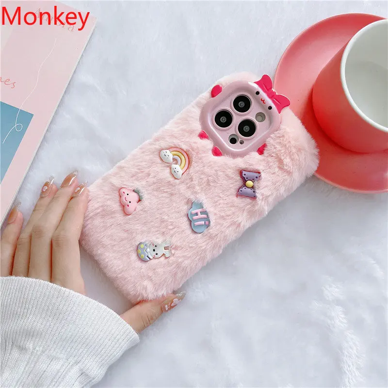 3D Cute Rainbow Rabbit Phone Case For iPhone 14 15 Pro Max Case 12 11 promax Hairy Fur Protective Soft Back Cover for iphone 13