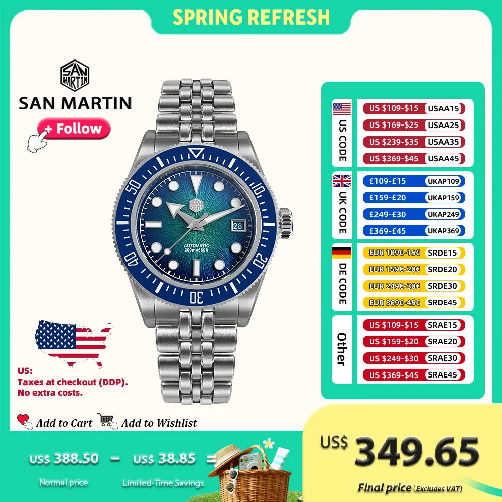 

San Martin 40mm Men Diver Watches Original Design High-end Luxury Man Watch Miyota 9015 Automatic Mechanical Waterproof 20Bar