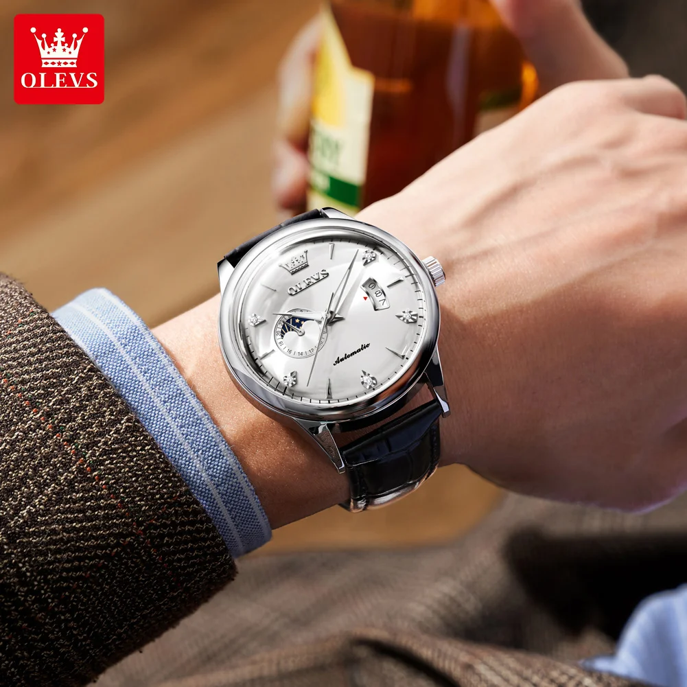 OLEVS Orologio da uomo con movimento automatico Orologio da polso da uomo con calendario multiplo multifunzionale in acciaio inossidabile Orologio da uomo d'affari con fasi lunari
