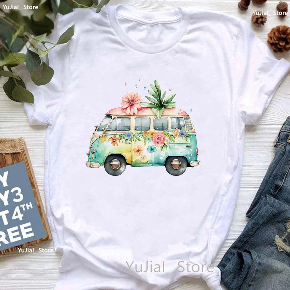 

Watercolor Flowers Car Print T Shirt Girls Travel Truck Tshirt Women Summer Fashion Tops Tee Shirt Femme Casual White T-Shirt