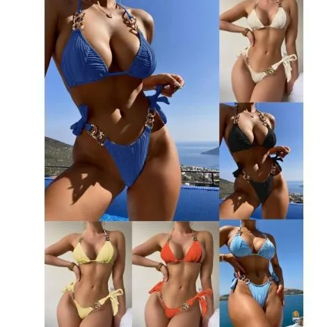 

Sexy New 2024 Bikini Swimsuit Chain Strap Two-Piece Swimwear with Chest Pad No Steel Support Cross-Border Sports Fitn