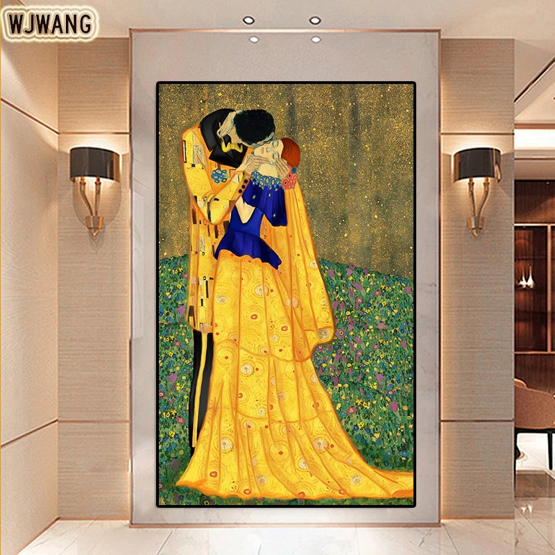 

Famous Painting Art Gustav Klimt Kiss Modern Style Canvas Painting Poster Prints Wall Art Pictures for Living Room Home Decora