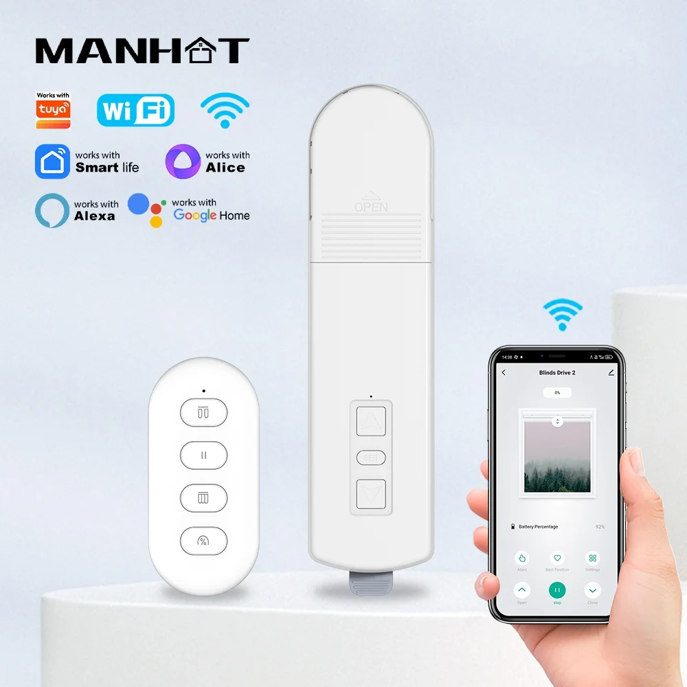 Manhot WIFI Smart Pull Bead Curtain Motor Blinds Shade Drive Motor System Work Smart Life APP Alexa Google Home Voice Control