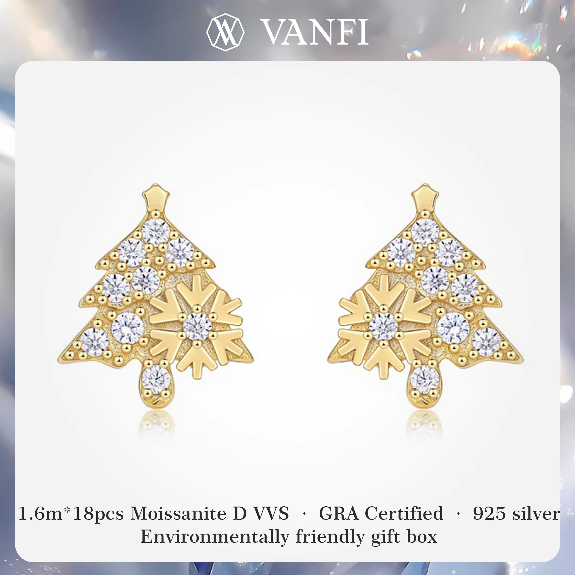 

Kfvanfi Moissanite GRA женские серьги из стерлингового серебра 925 пробы со снежинками, серьги в виде рождественской елки, позолоченные 18 карат, рождественские украшения