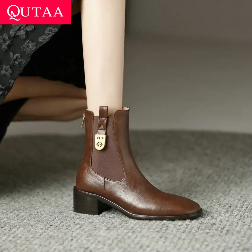 

QUTAA 2024 Retro Office Lady Women Short Boots Autumn Winter Genuine Leather Back Zipper Thick Heels Shoes Woman Size 34-41