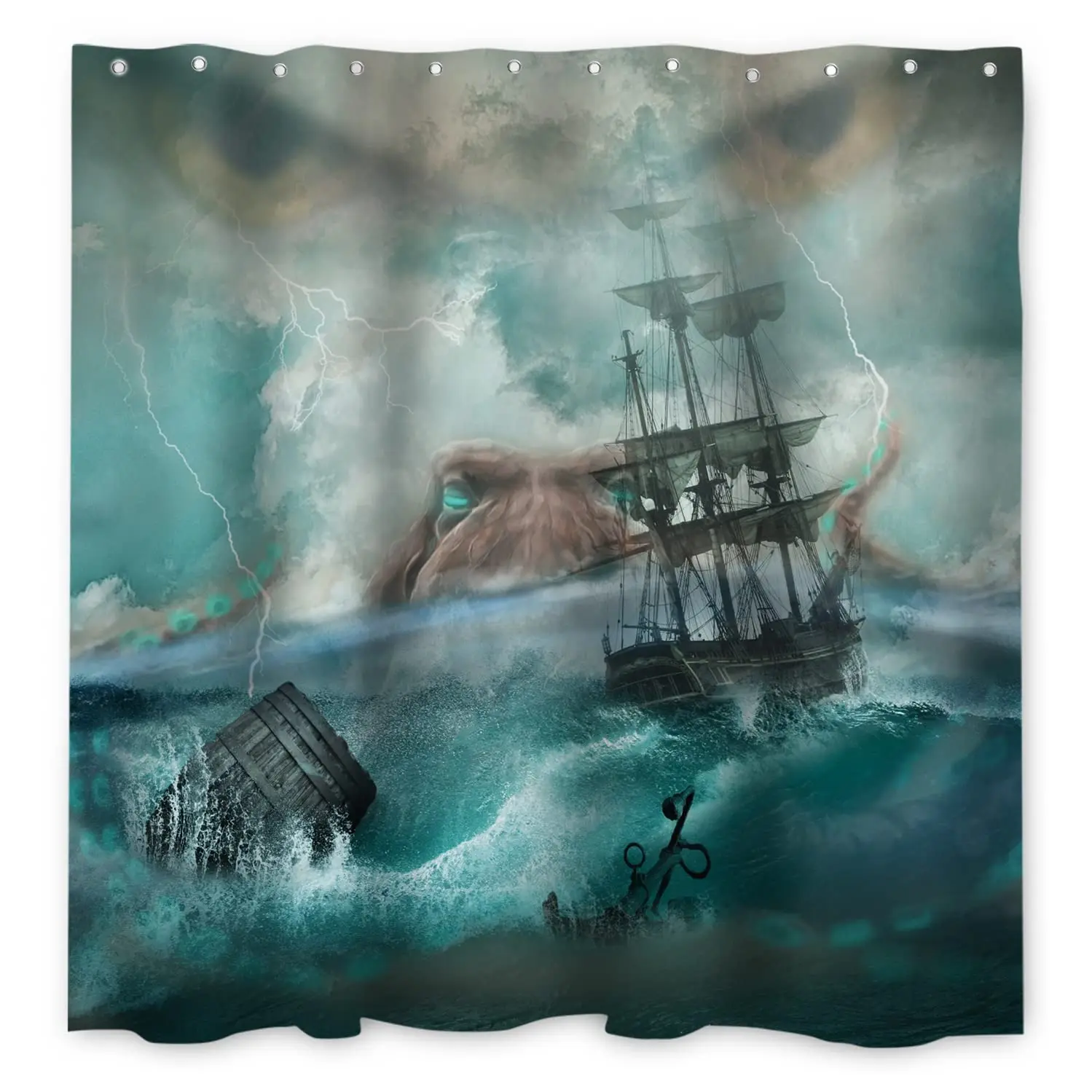 Cthulhu Monster Octopus Shower Curtain Ocean Kraken Tentacles Nautical Sailboat Fantasy Marine Life Artwork Bathroom Curtain Set