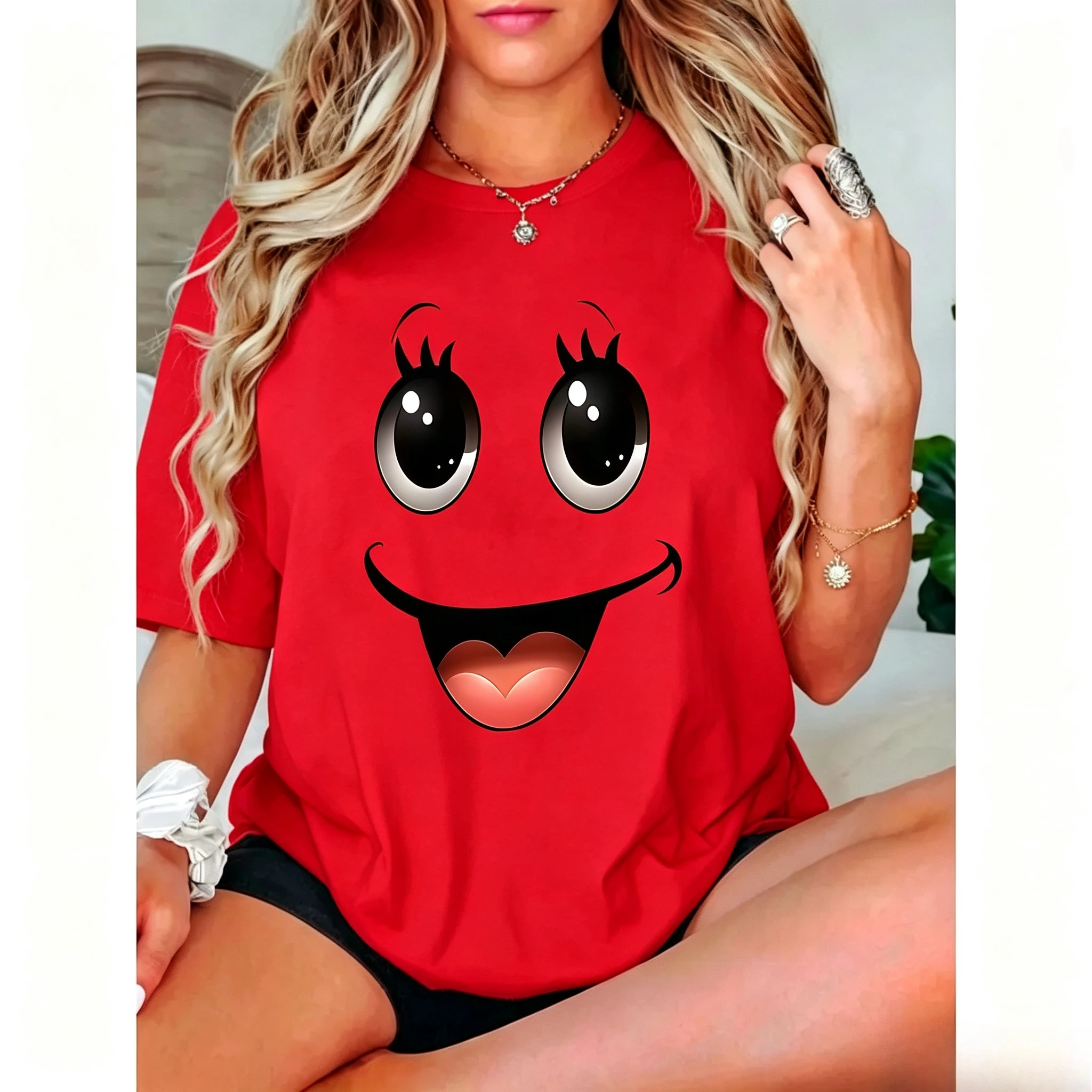 Women Casual Short Sleeve T‑Shirt Cute Cartoon Big Eyes Face Print O‑Neck Loose Summer Tees Ladies Daily Tops