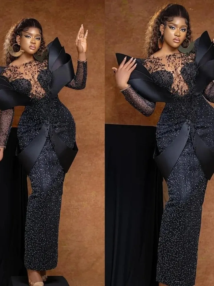 Black Aso Ebi Plus Size Evening Gown Long Sleeve Beaded Lace Birthday Dress Illusion Bodice Formal Dress for Women Customized image 2