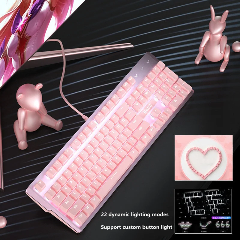 

New Girly Pink Gaming Mechanical Wired Keyboard 104-key USB Interface White Backlight Is Suitable For Gamers PC Laptops Desktop