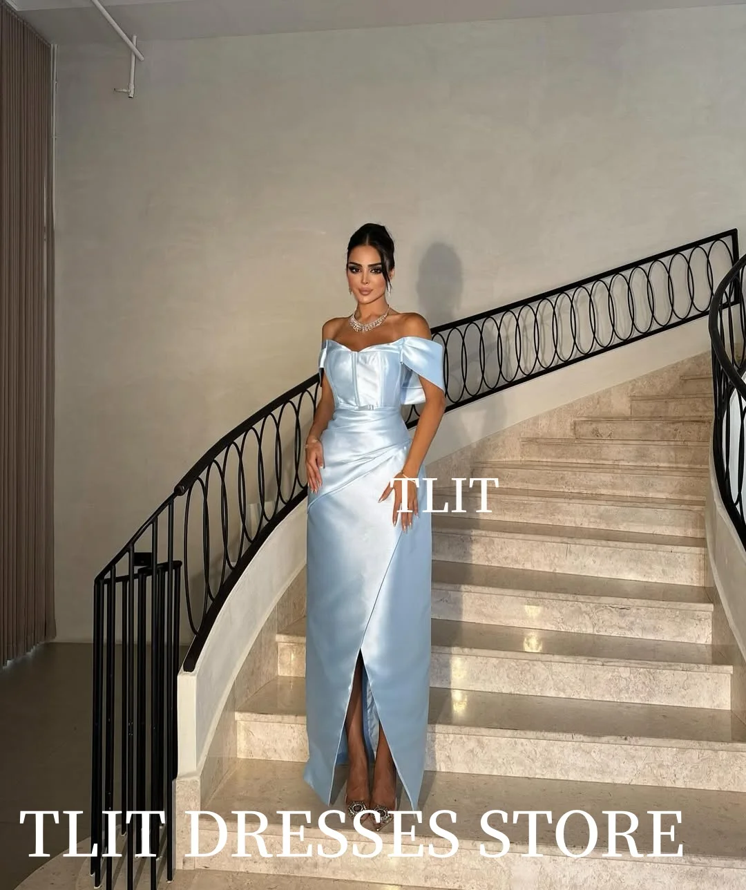 TLIT-vestidos de noche elegantes de satén de seda azul, vestidos de noche personalizados, vestidos de graduación hasta el tobillo con hombros descubiertos