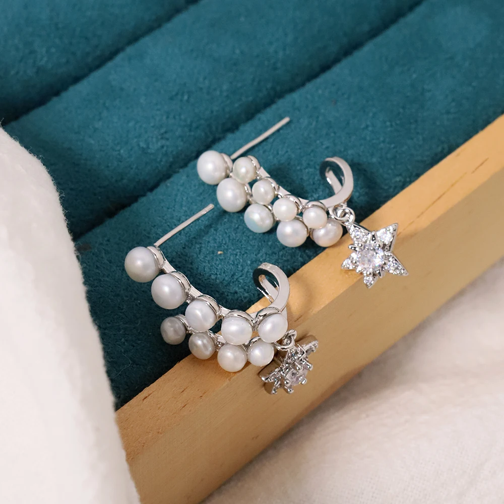 

XlentAg 925 Silver Plated Star Pearl Earrings | Crystal Accent Dangle Earrings for Women | Hypoallergenic Celestial Jewelry Gift