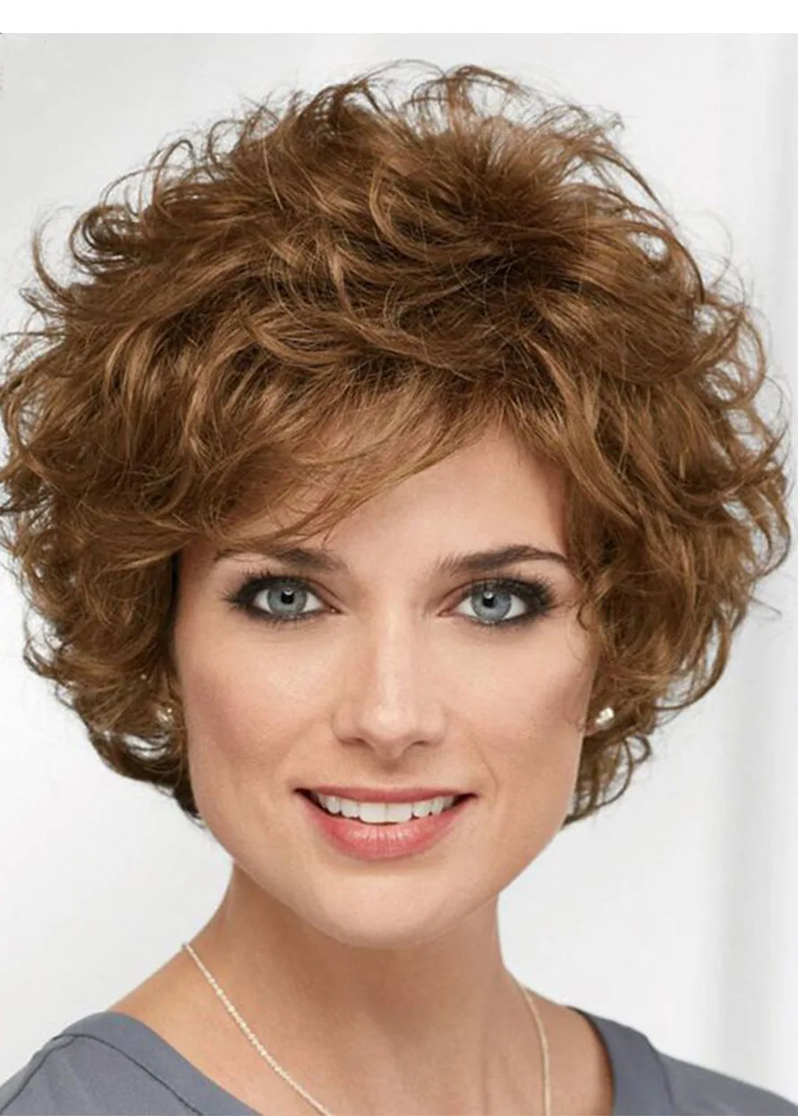 

Short Curly Hairstyle Women's Natural Looking Brown Curly Synthetic Hair Capless Wigs 14 Inch