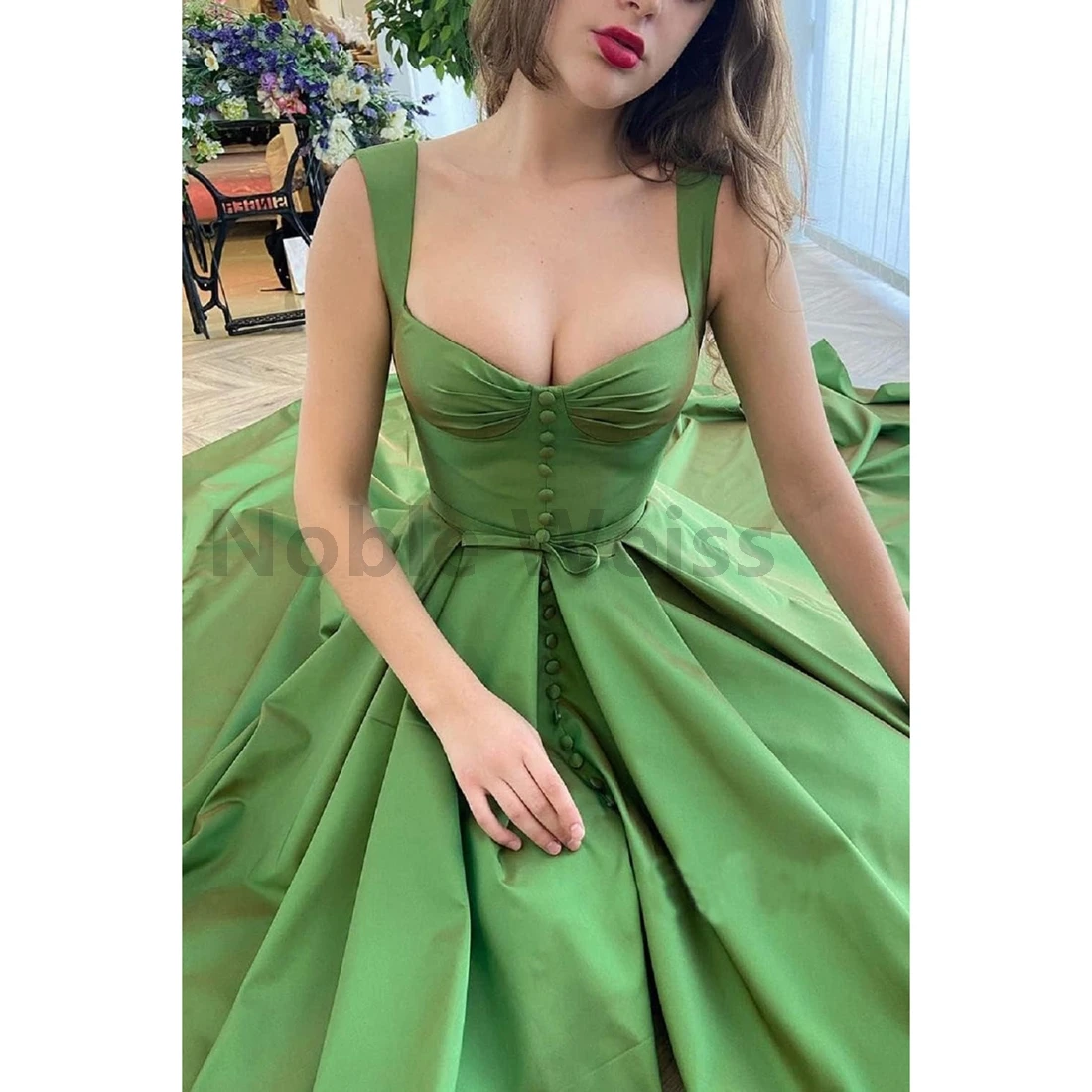 SATIN A-LINE Evening Dresses for Women Long Formal Prom Dresses with Double Shoulder Straps Front Slit Customize