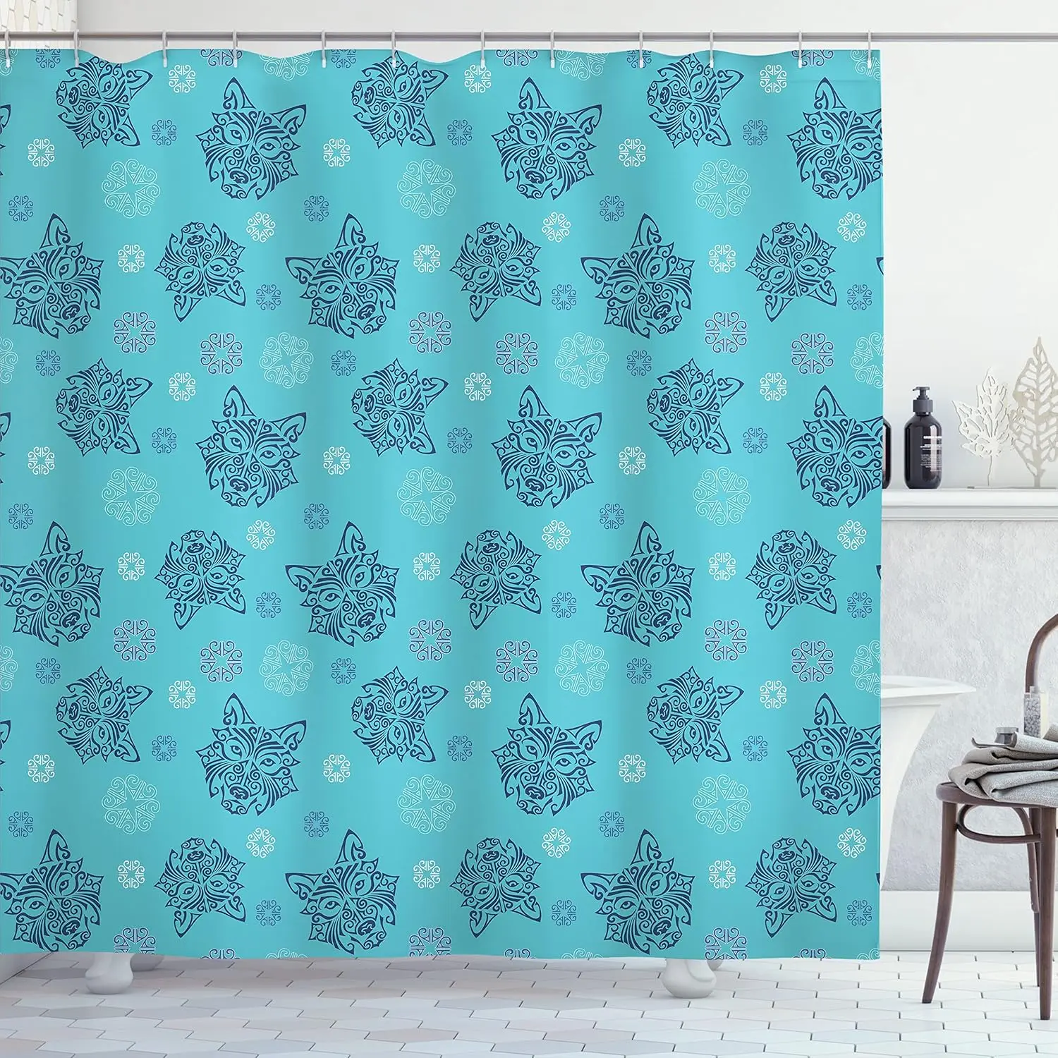

Blue Wolf Pattern Shower Curtain Tribal Animal Design Bathroom Decor Linen180x180